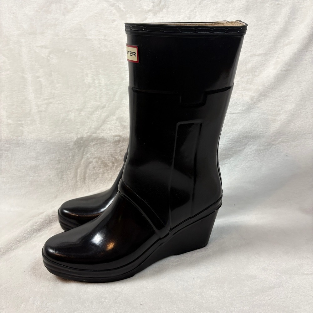 Hunter Kellan Mid Wedge Rain Boots Womens 10 Black Good Glossy Waterproof